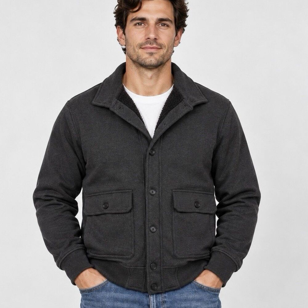 Banana Republic Mens L Sherpa Lined Jacket Charcoal Gray NWT $130 Button Front